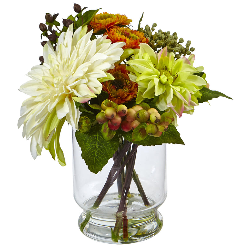 Mixed Dahlia and Mum with Glass Vase - BlueJay Avenue