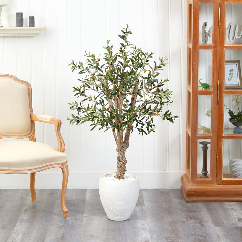 53" Olive Artificial Tree in White Planter - BlueJay Avenue