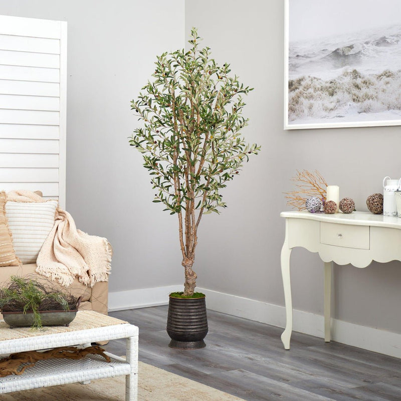 6.5' Olive Artificial Tree in Ribbed Metal Planter - BlueJay Avenue