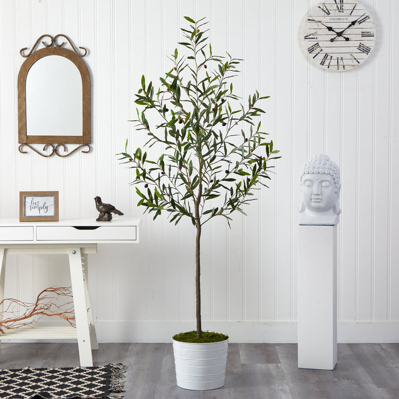 70" Olive Artificial Tree in White Tin Planter - BlueJay Avenue