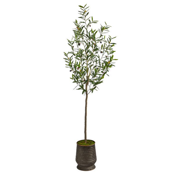 75" Olive Artificial Tree in Ribbed Metal Planter - BlueJay Avenue