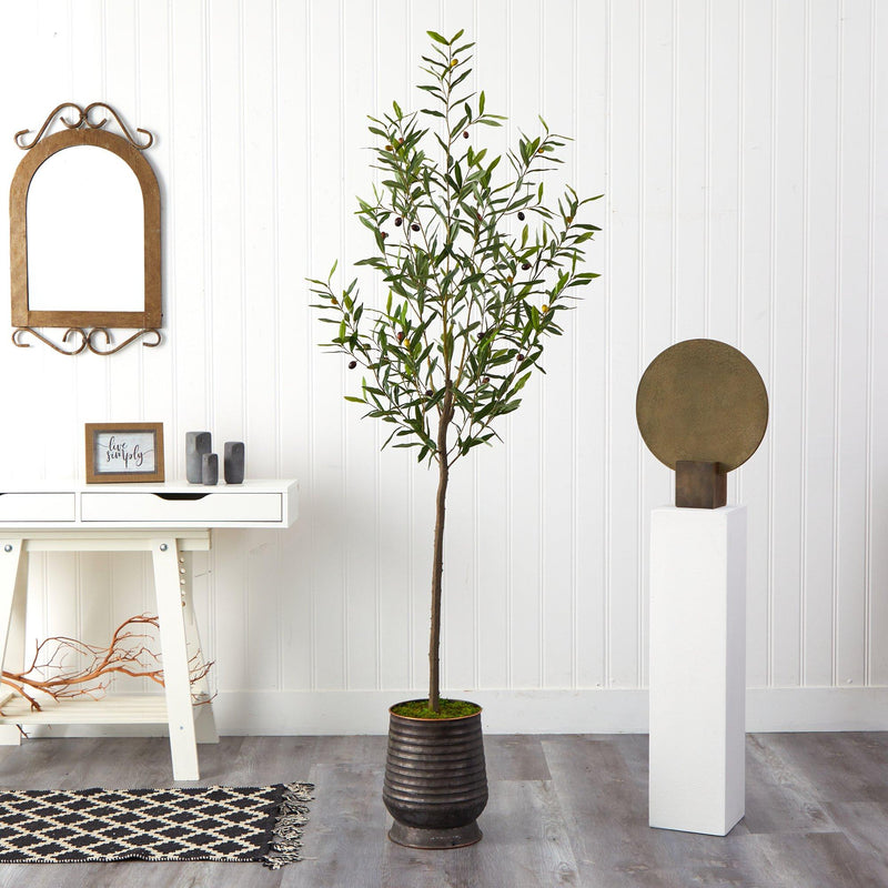 75" Olive Artificial Tree in Ribbed Metal Planter - BlueJay Avenue