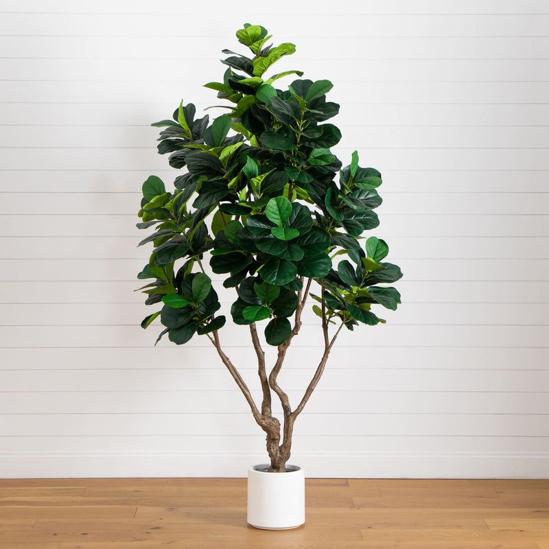 8’ Artificial Fiddle Leaf Tree in White Decorative Planter - BlueJay Avenue