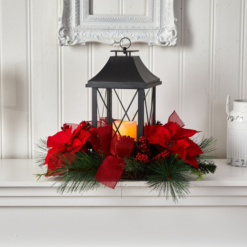 Christmas Lantern with Poinsettia and Pinecones Arrangement - BlueJay Avenue