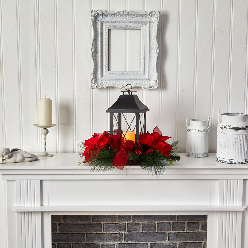 Christmas Lantern with Poinsettia and Pinecones Arrangement - BlueJay Avenue