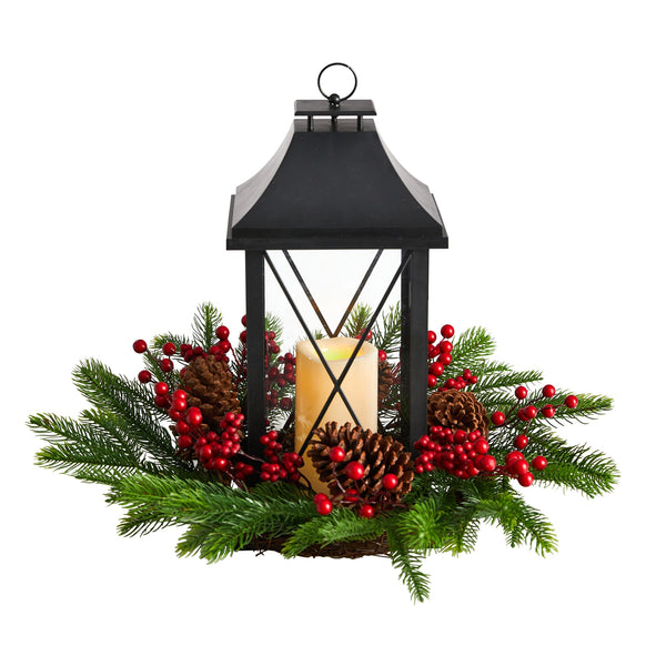 Christmas Lantern with Berries and Pinecones Arrangement - BlueJay Avenue