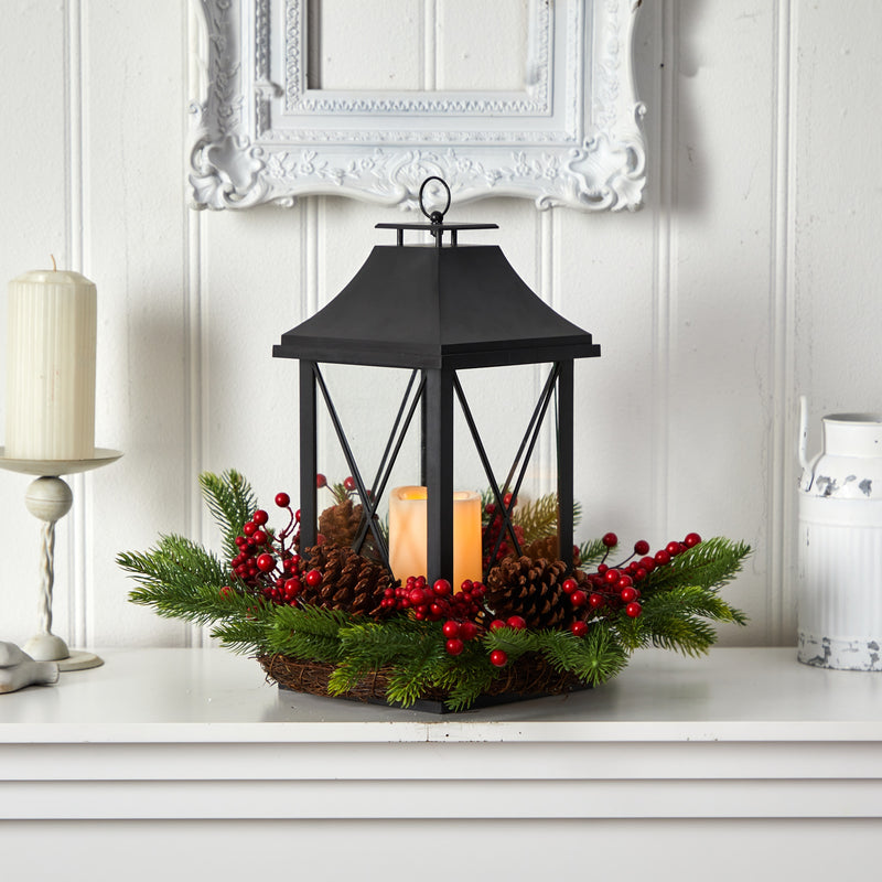 Christmas Lantern with Berries and Pinecones Arrangement - BlueJay Avenue