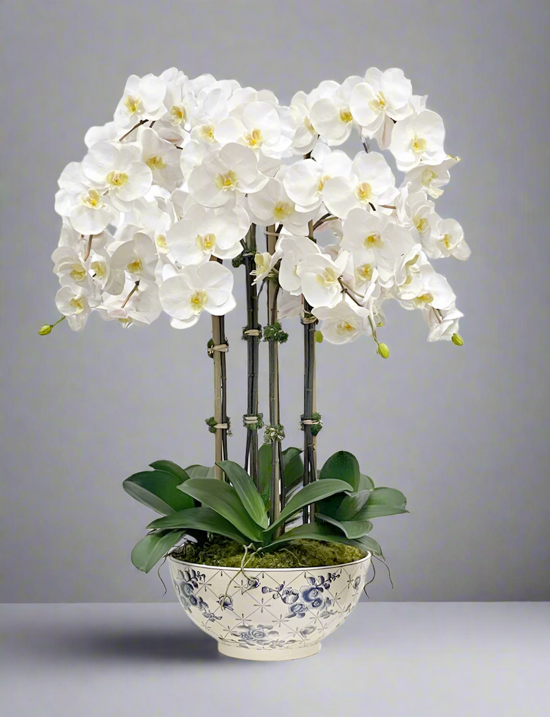 Faux Phalaenopsis Arrangement In Rose Trellis Bowl