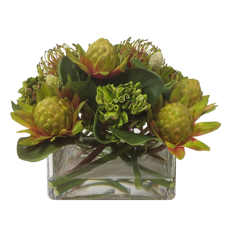 Waratah/Ball Celosia Artificial Flower Arrangement In Glass Vase