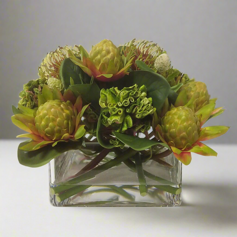 Waratah/Ball Celosia Artificial Flower Arrangement In Glass Vase