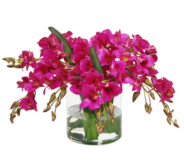 Dendrobium Faux Flower Arrangement In Cylinder Glass Vase