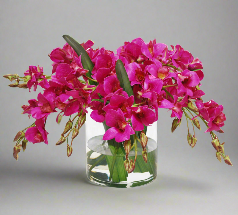 Dendrobium Faux Flower Arrangement In Cylinder Glass Vase