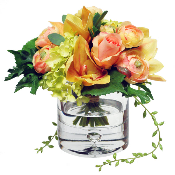 Ranunculus Orchid Bouquet Faux Flower Arrangement In Glass Vase