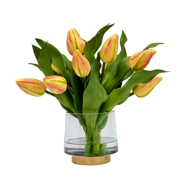 Orange Tulip Silk Flower Arrangement In Glass