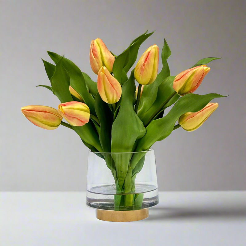 Orange Tulip Silk Flower Arrangement In Glass