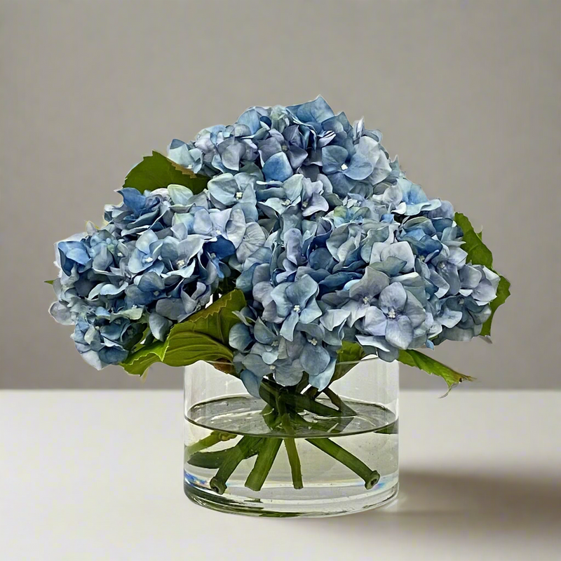 Blue Hydrangea Silk Floral Arrangement in Cylinder 10.5"