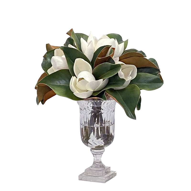 Faux Magnolia Floral Arrangement in Stripe Vase 14''