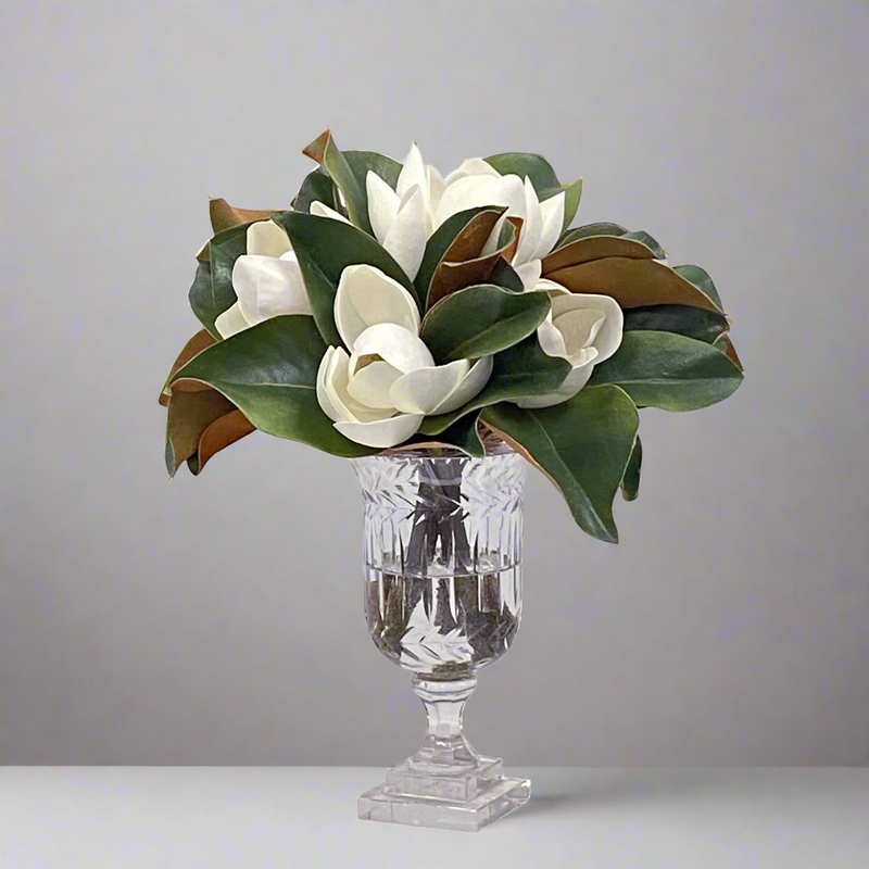 Faux Magnolia Floral Arrangement in Stripe Vase 14''