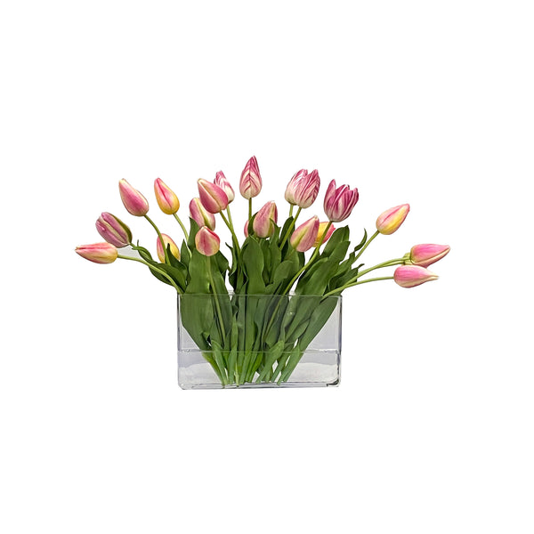 Faux Tulip Silk Flower Mix In Rectangle Glass Vase 17''