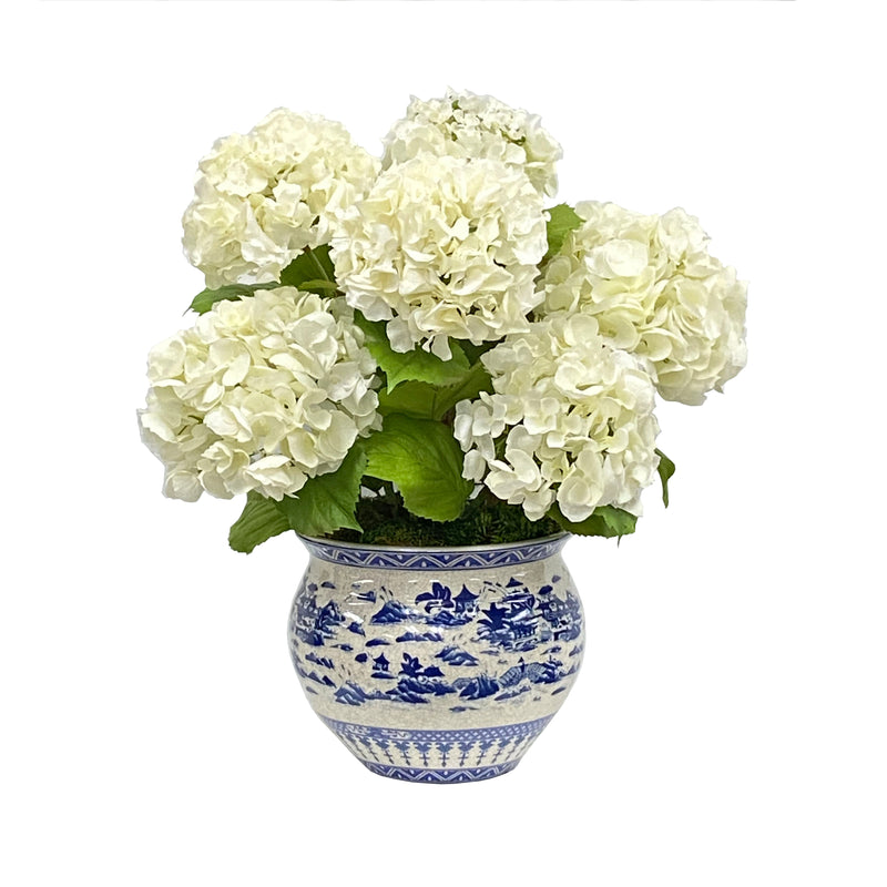 Faux Hydrangea Arrangement in Jardiniere 20''