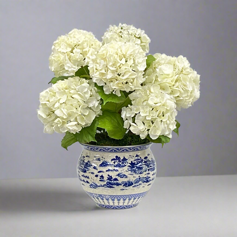 Faux Hydrangea Arrangement in Jardiniere 20''