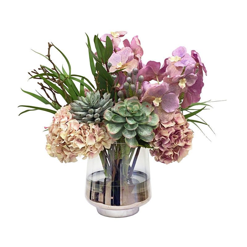 Faux Vanda Orchid and Hydrangea Floral Arrangement in Glass Vase 20''