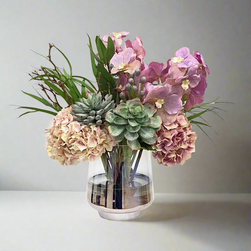 Faux Vanda Orchid and Hydrangea Floral Arrangement in Glass Vase 20''