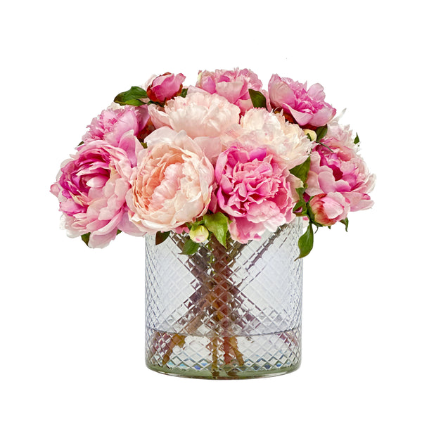 Faux Peony Arrangement in Cut Glass 15''