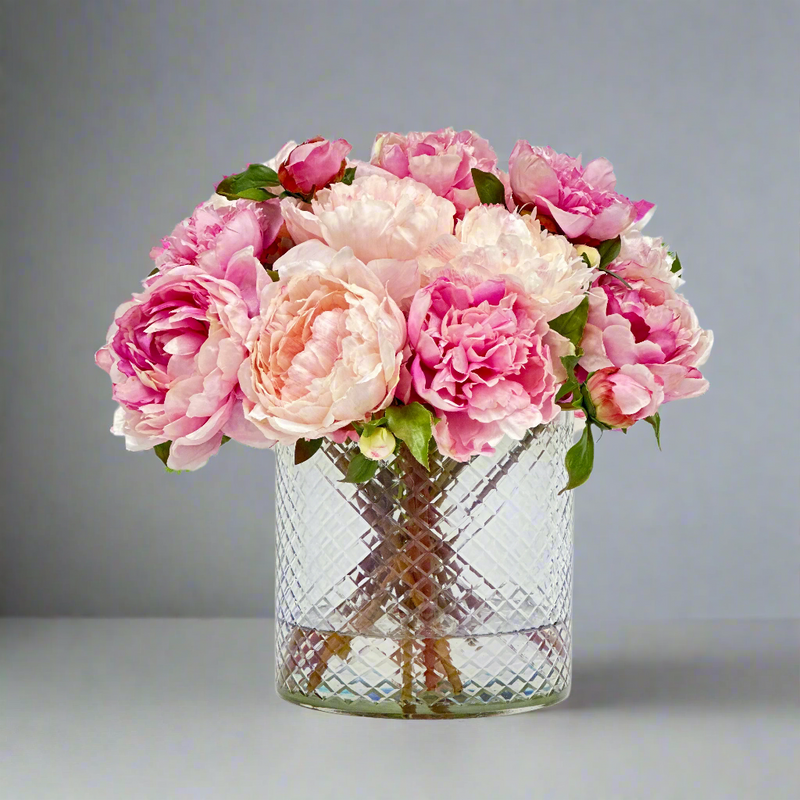 Faux Peony Arrangement in Cut Glass 15''