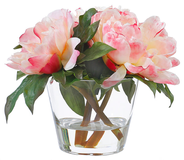 Faux Peonies Arrangement In Glass Vase 9''