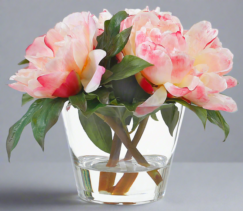 Faux Peonies Arrangement In Glass Vase 9''