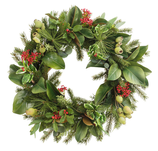 Pine Needles Holly 24'' Front Door Christmas Wreath - BlueJay Avenue