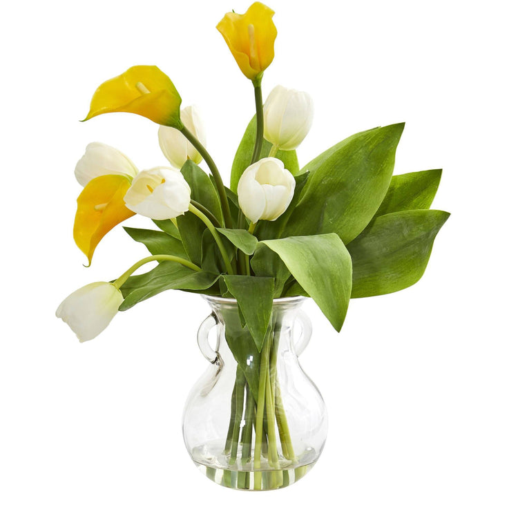 Calla Lily and Tulips Arrangement in Decorative Vase - BlueJay Avenue