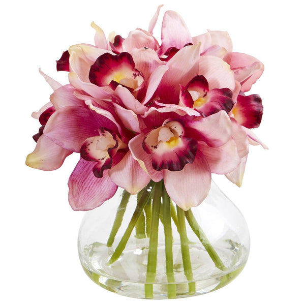 Cymbidium Orchid Artificial Arrangement in Glass Vase - BlueJay Avenue