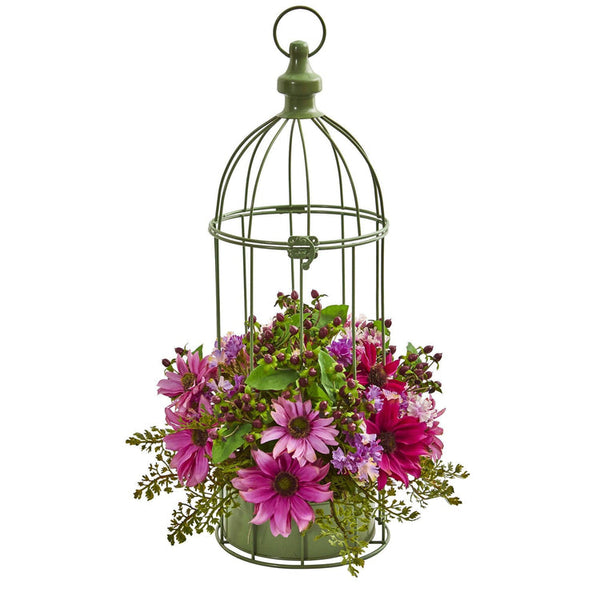 Daisy Artificial Arrangement in Decorative Bird Cage - BlueJay Avenue