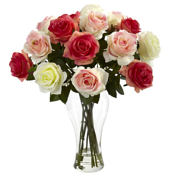 Assorted Blooming Roses with Vase Flower Arrangement - BlueJay Avenue