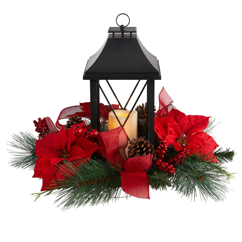 Christmas Lantern with Poinsettia and Pinecones Arrangement - BlueJay Avenue