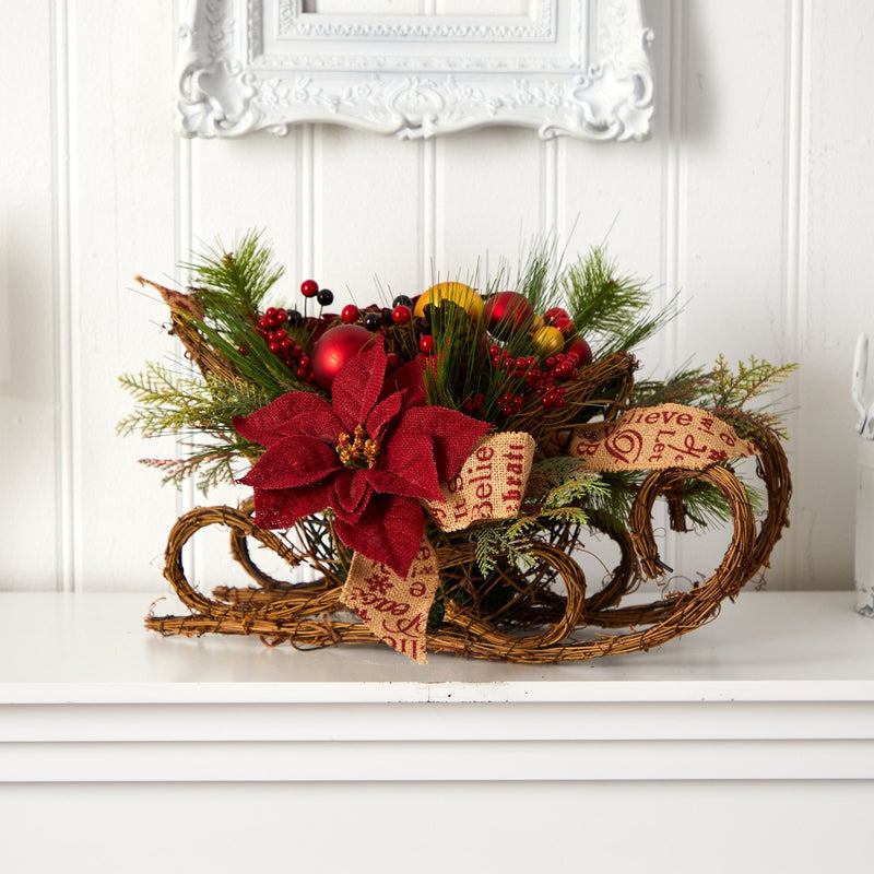 Christmas Sleigh Poinsettia Arrangement - BlueJay Avenue