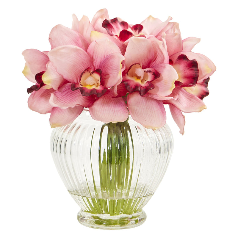 Cymbidium Orchid Artificial Arrangement in Glass Vase - BlueJay Avenue