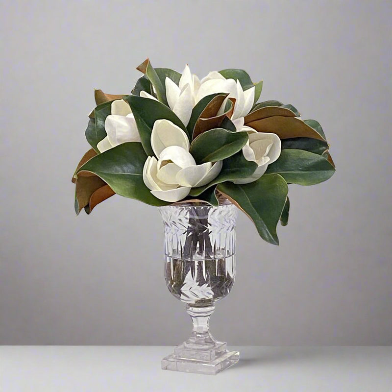 Faux Magnolia Floral Arrangement in Stripe Vase 14'' - BlueJay Avenue