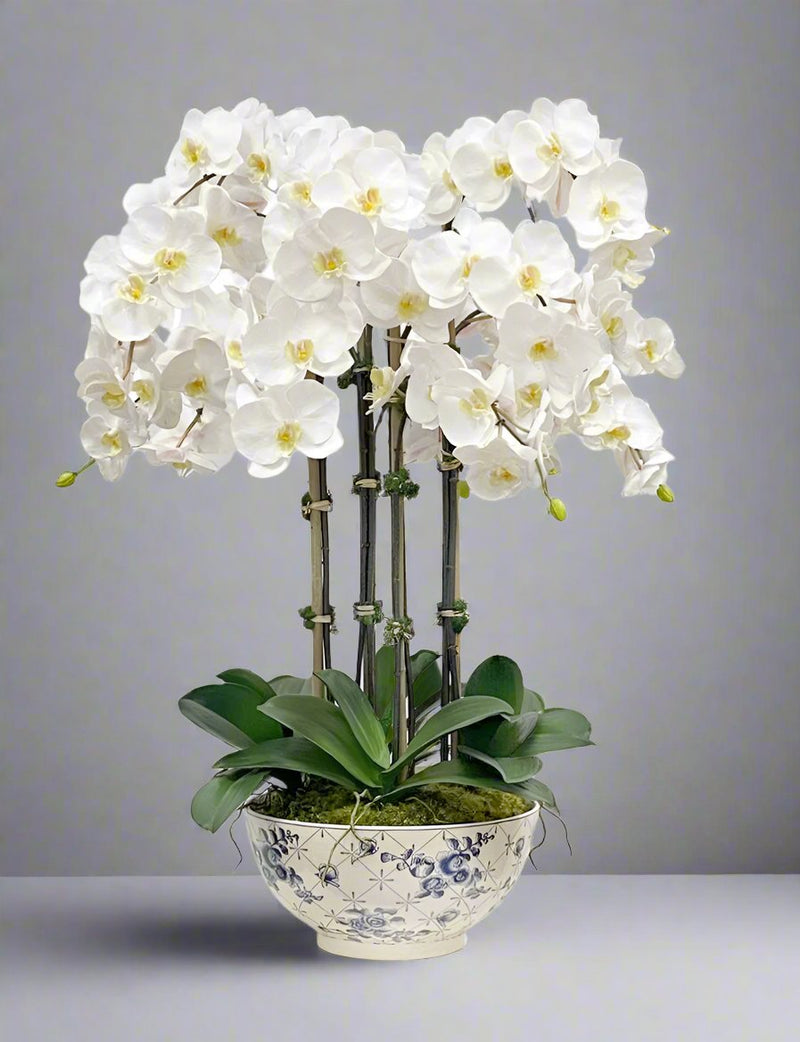 Faux Phalaenopsis Arrangement In Rose Trellis Bowl - BlueJay Avenue