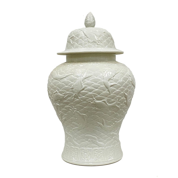 Koi Relief White Ginger Jar - BlueJay Avenue