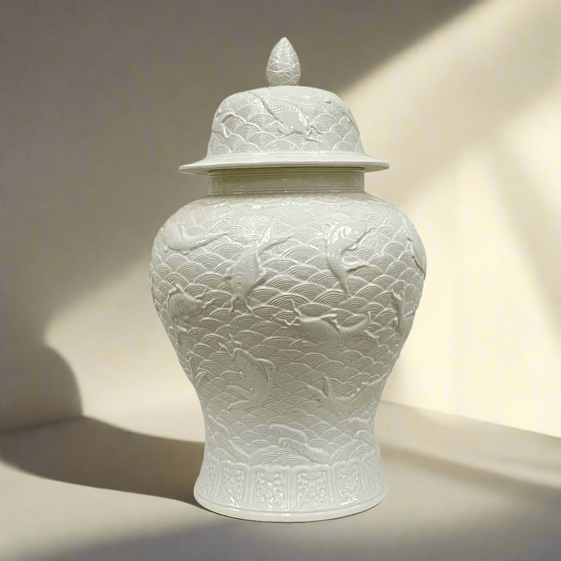 Koi Relief White Ginger Jar - BlueJay Avenue