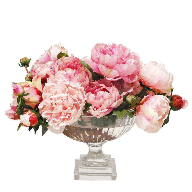 Mix Peony Silk Flower Arrangement In Med Stripe Cut Bowl - BlueJay Avenue