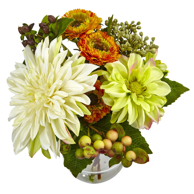 Mixed Dahlia and Mum with Glass Vase - BlueJay Avenue