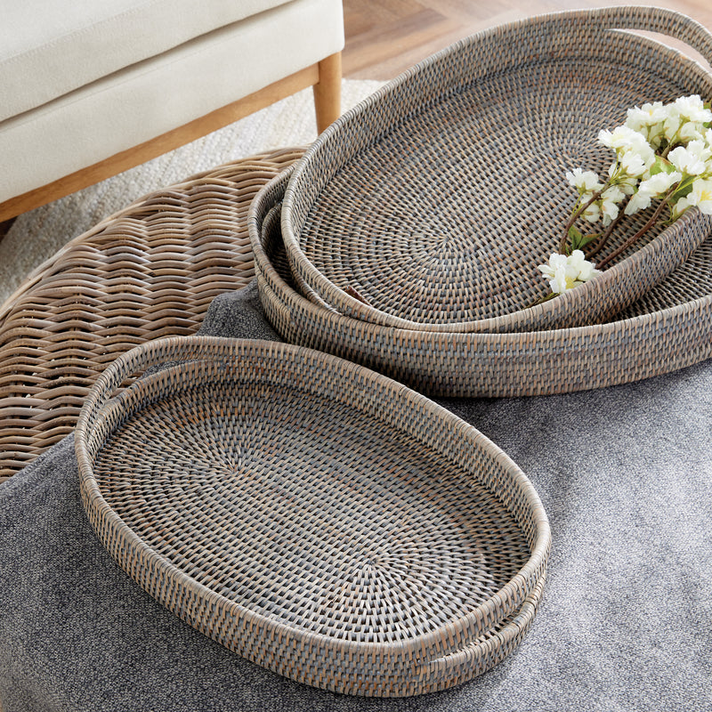 Burma Rattan Oval Serving Tray, Set Of 3 - BlueJay Avenue