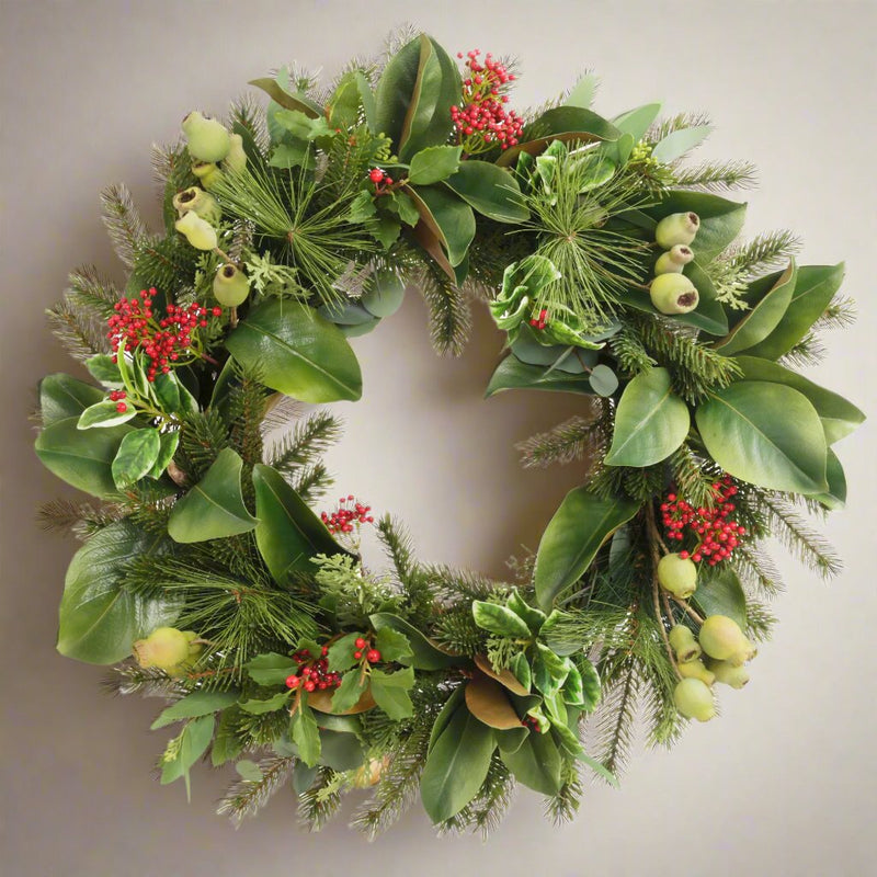 Pine Needles Holly 24'' Front Door Christmas Wreath - BlueJay Avenue