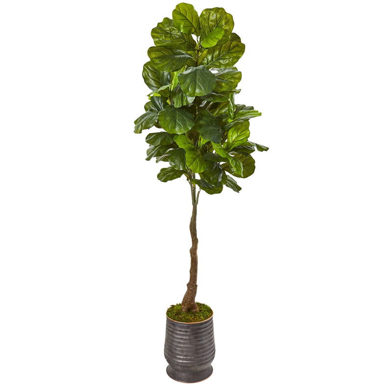 Real Touch 69" Artificial Fiddle Leaf Tree in Ribbed Metal Planter - BlueJay Avenue