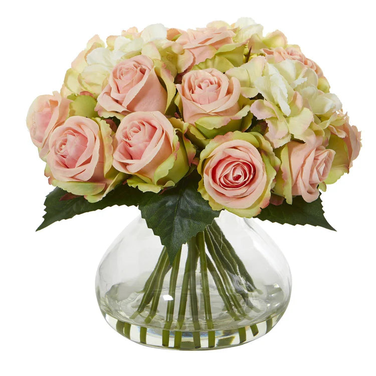 Rose and Hydrangea Artificial Arrangement in Glass Vase - BlueJay Avenue