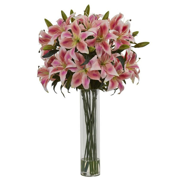 Rubrum Lily Artificial Arrangement in Cylinder Vase - BlueJay Avenue